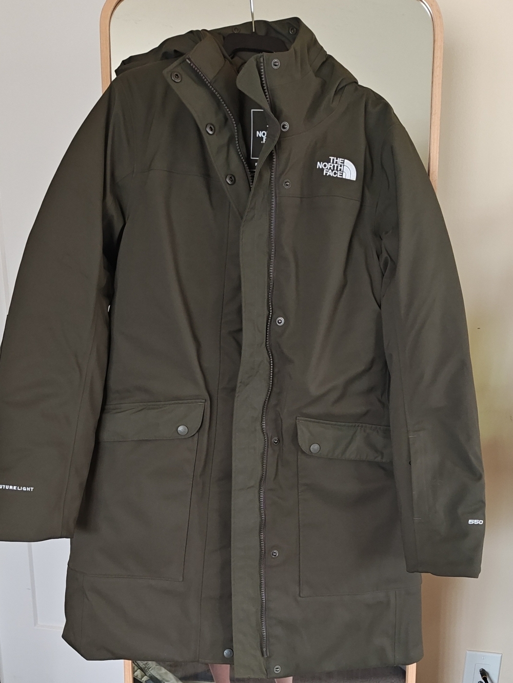 Like New - The North Face Women's Olive Green Hooded 550 Coat. Size S.